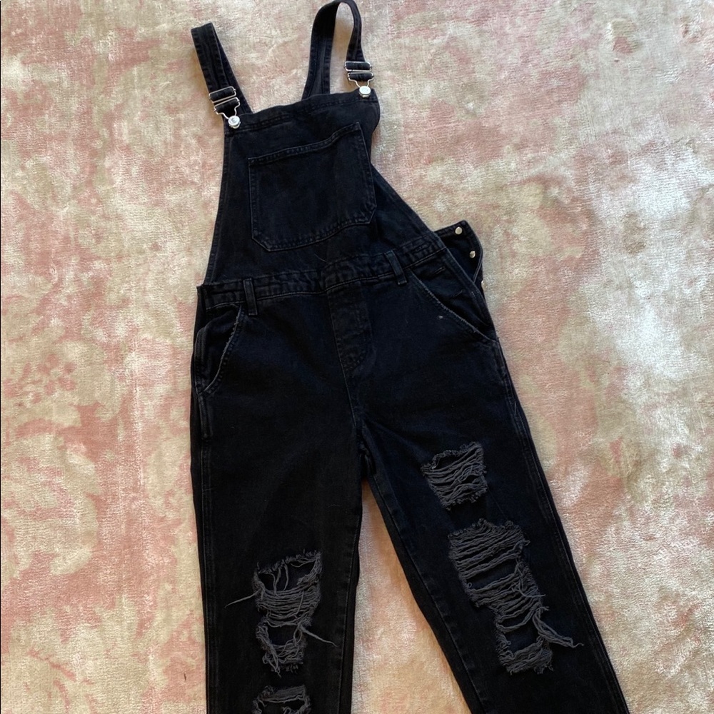 Top shop black overalls, distressed legs